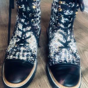Tory Burch Black and Multicolor Tweed Combat Boots